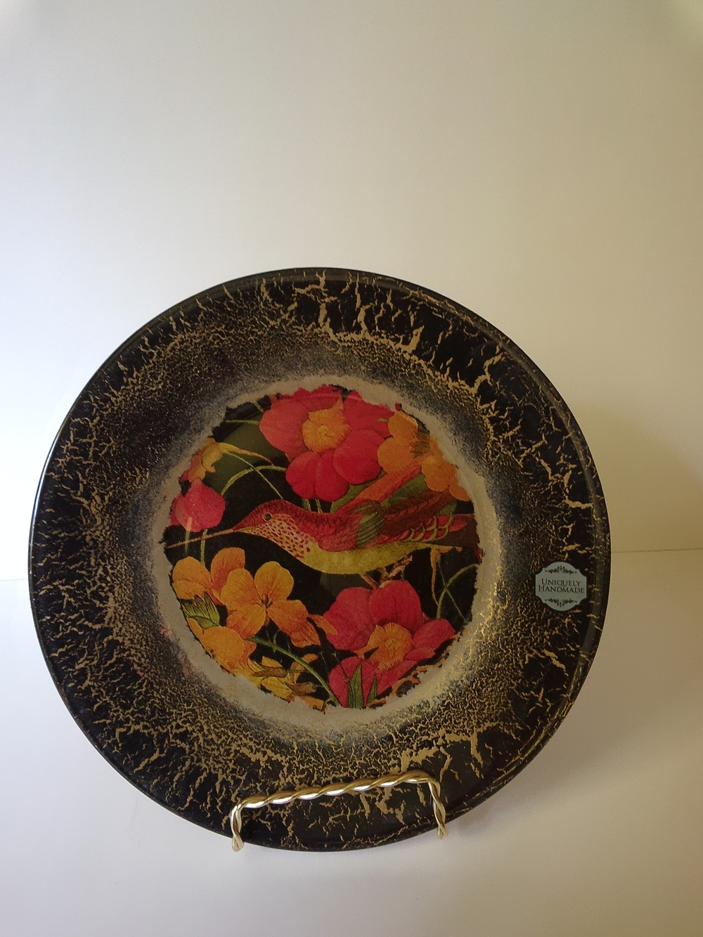 Decorative Black Plate with Pink and Yellow Floral Bird Motif